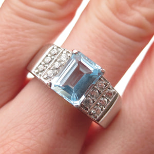 925 Sterling Silver Real Emerald-Cut Blue & Round-Cut White Topaz Ring Size 9