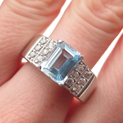 925 Sterling Silver Real Emerald-Cut Blue & Round-Cut White Topaz Ring Size 9