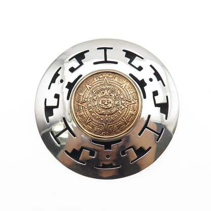 925 Sterling Silver 2-Tone Vintage Mexico Mayan Calendar Pin Brooch / Pendant