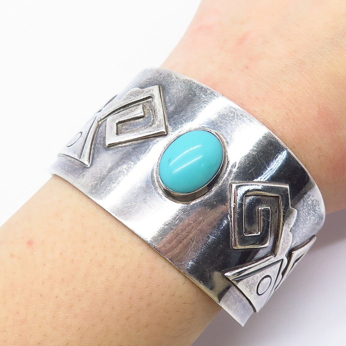 925 Sterling Silver Vintage Mexico Taxco Turquoise Gem Wide Cuff Bracelet 6.5"