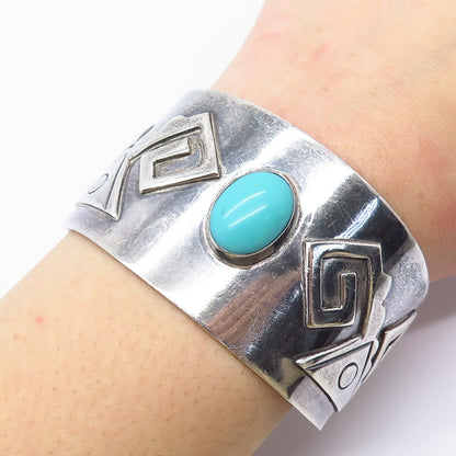 925 Sterling Silver Vintage Mexico Taxco Turquoise Gem Wide Cuff Bracelet 6.5"