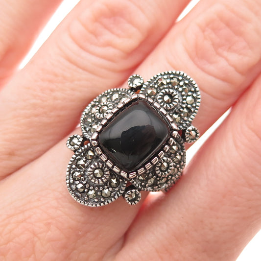925 Sterling Silver Vintage Real Black Onyx & Marcasite Oxidized Ring Size 7.25