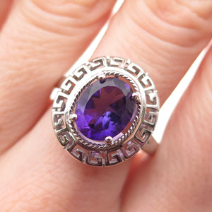 925 Sterling Silver Real Oval-Cut Amethyst Greek Key Ring Size 9