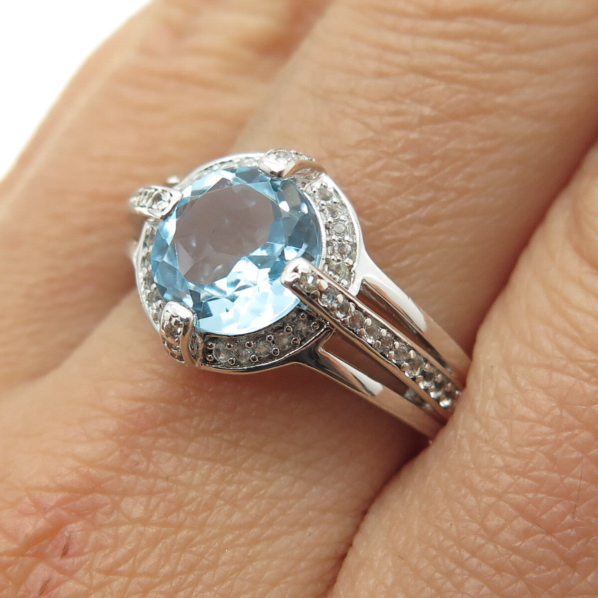 925 Sterling Silver Real White & Blue Topaz Gemstone Ring Size 9.25