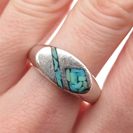 SILVER FOX Old Pawn 925 Sterling Vintage Turquoise Inlay Tribal Ring Size 10.75