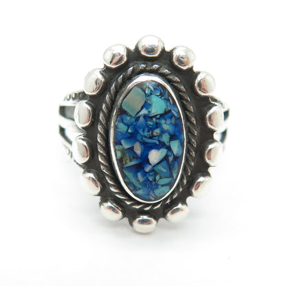 Old Pawn Sterling Silver Vintage Turquoise Inlay Beaded Oxidized Ring Size 6.25