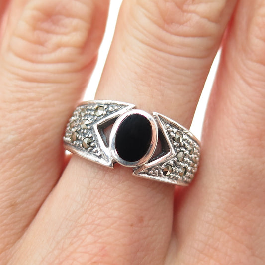 925 Sterling Silver Vintage Real Black Onyx & Marcasite Modernist Ring Size 7.75