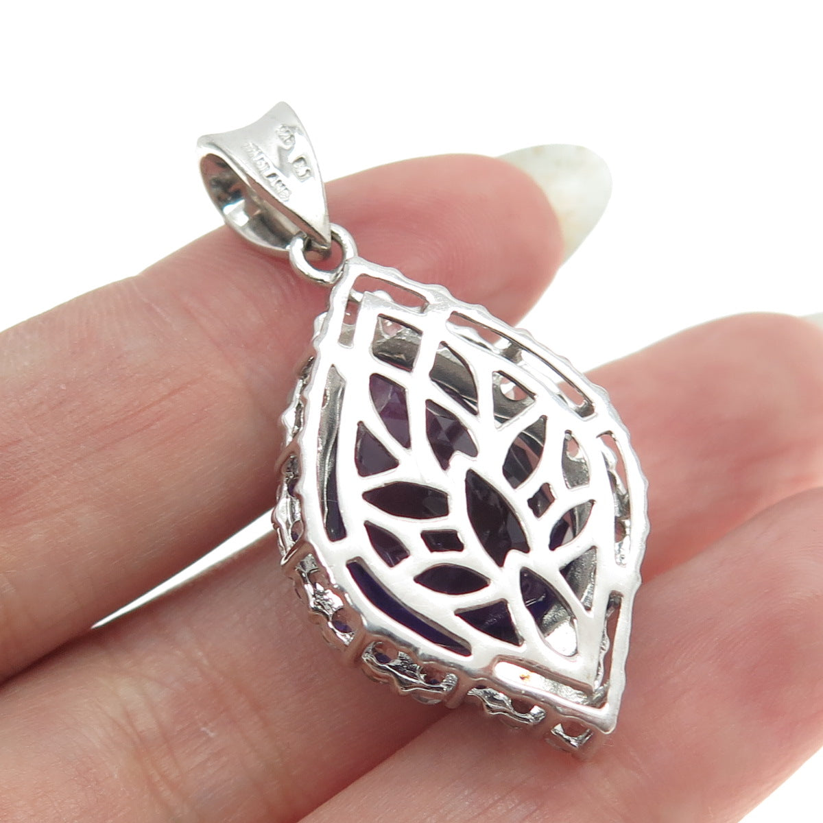 925 Sterling Silver Real Pear-Cut Amethyst & Round-Cut White Topaz Pendant