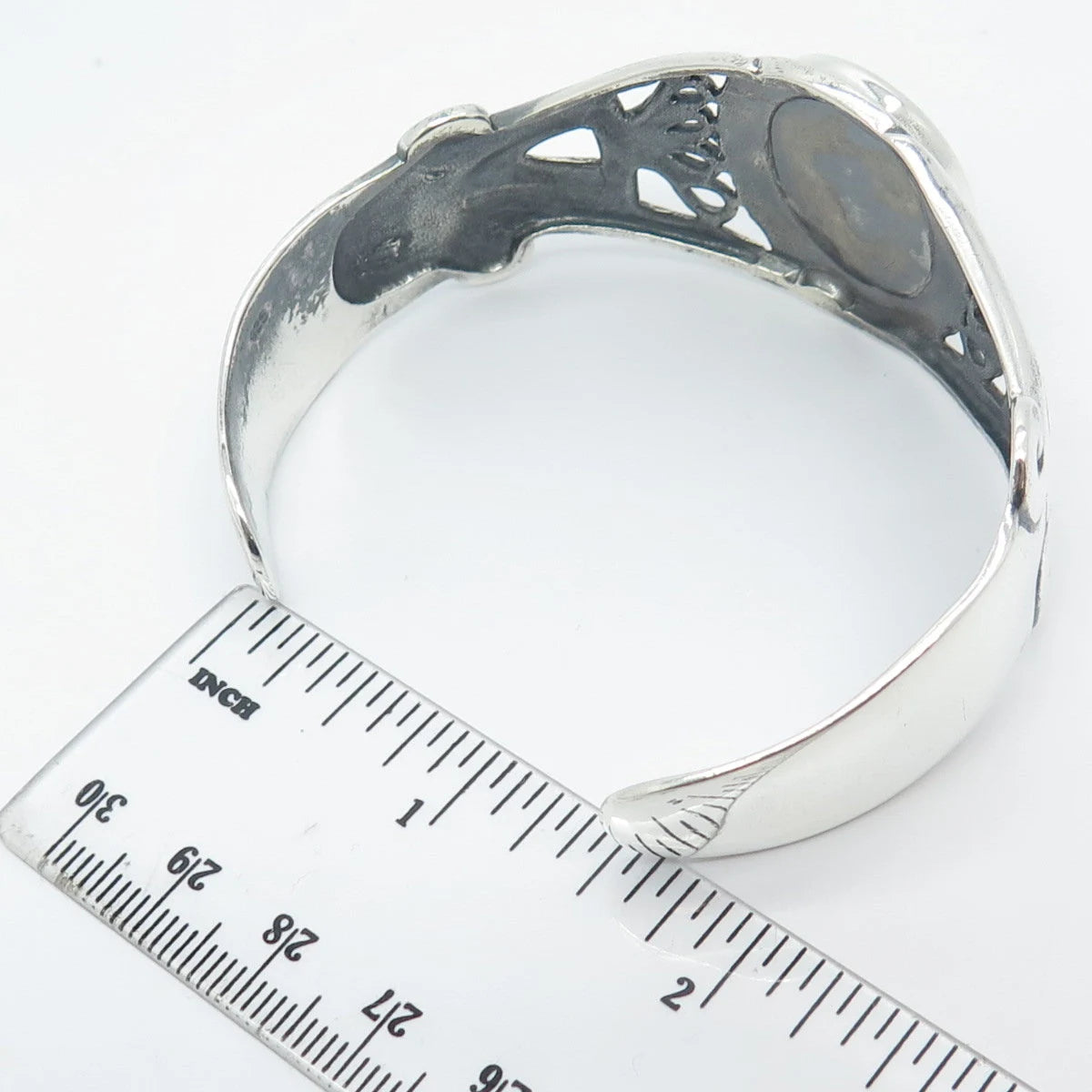 925 Sterling Silver Vintage Smoky Quartz Ornate Adjustable Cuff Bracelet 7.5"