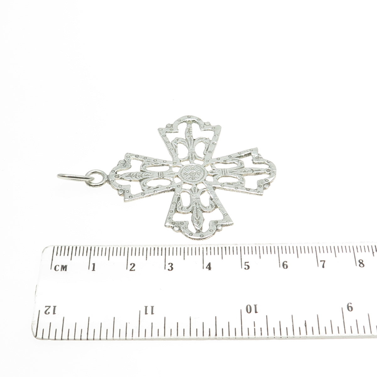 925 Sterling Silver Antique Art Deco Fleur de Lis Cross Religious Pendant