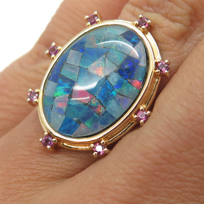 925 Sterling Silver Gold Plated Real Opal Inlay & Amethyst Ring Size 6