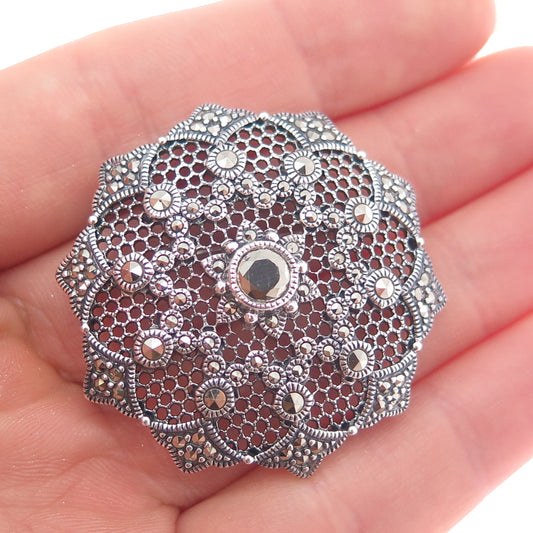 JUDITH JACK 925 Sterling Vintage Real Marcasite Flower Oxidized Pin Brooch
