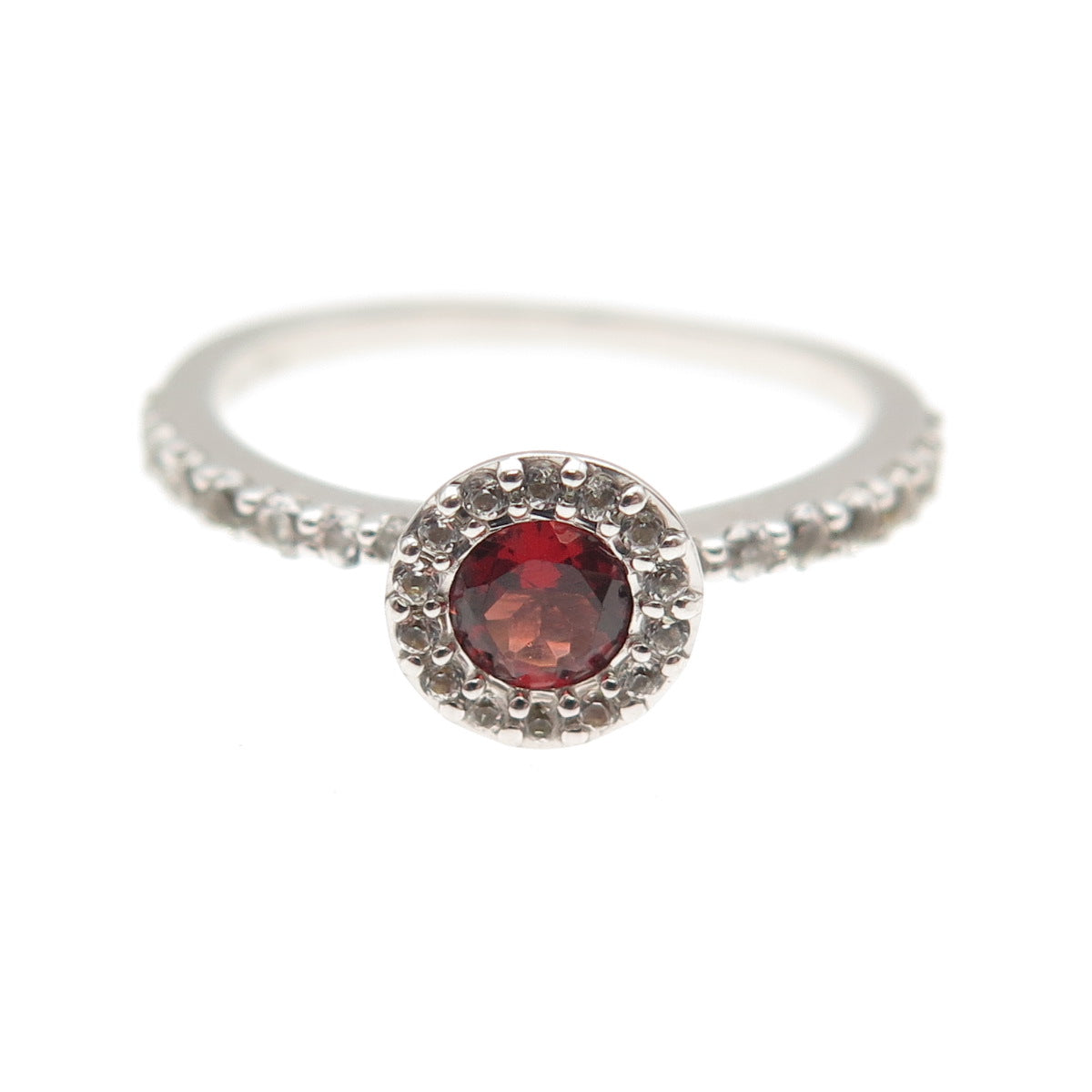 925 Sterling Silver BMD Real Round-Cut Red Garnet & White Topaz Ring Size 6.75
