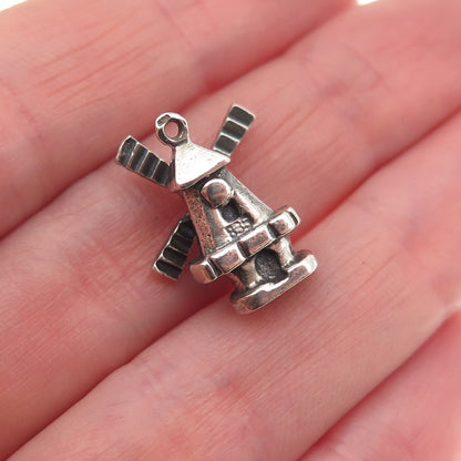835 Silver Vintage Windmill Oxidized 3D Mini Articulated Charm Pendant