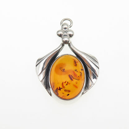 VALERIO V-8 Sterling Silver Vintage Poland Real Amber Modernist Charm Pendant