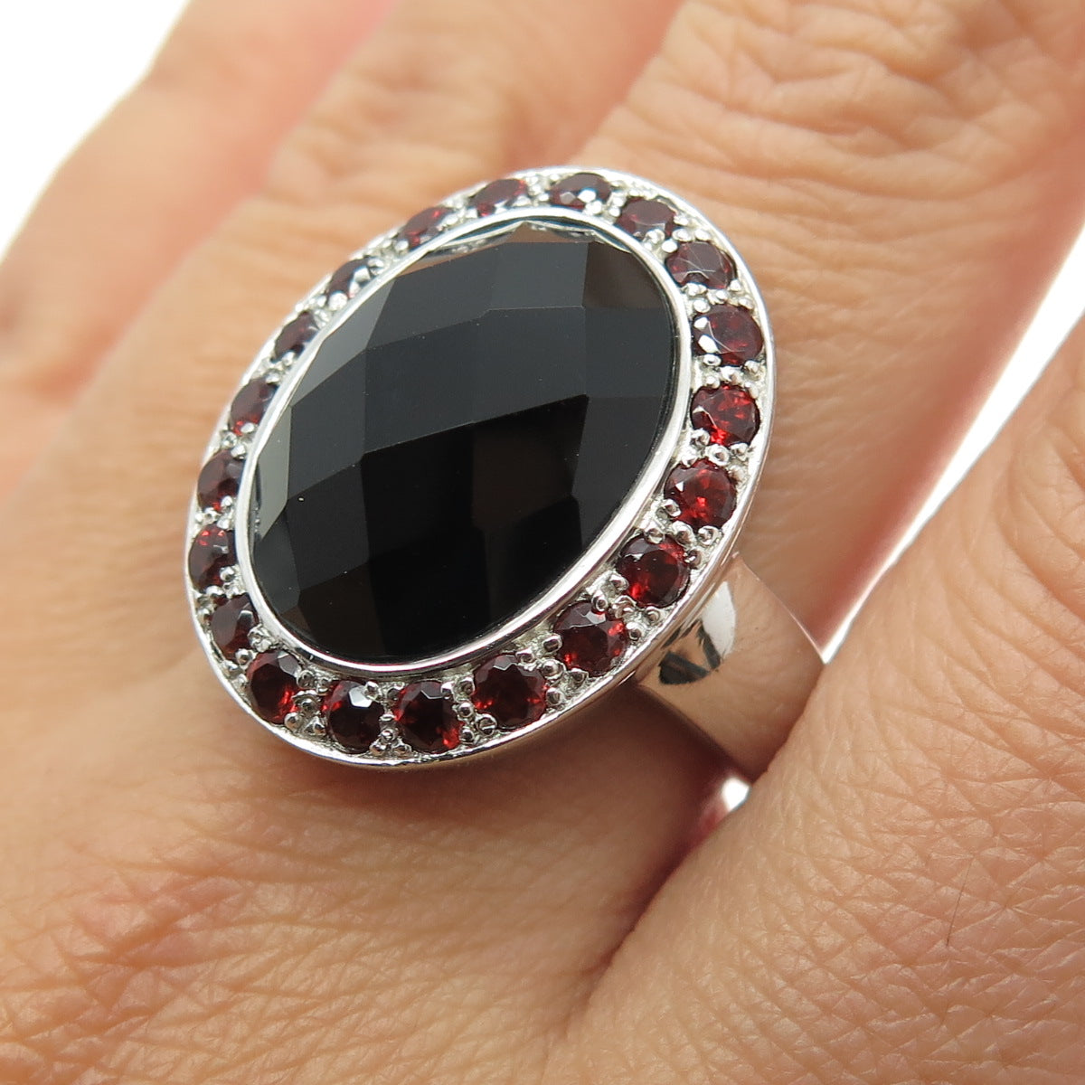 925 Sterling Silver Real Black Spinel & Red Garnet Ring Size 10