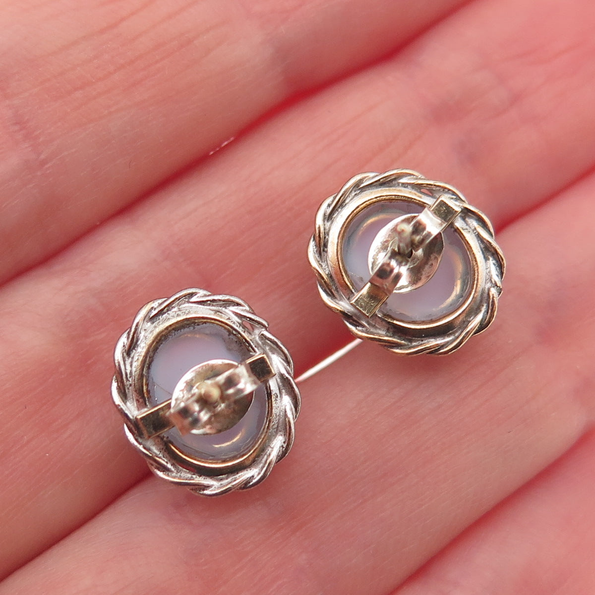 White Gold Filled Antique Art Deco Opalite Oxidized Stud Earrings