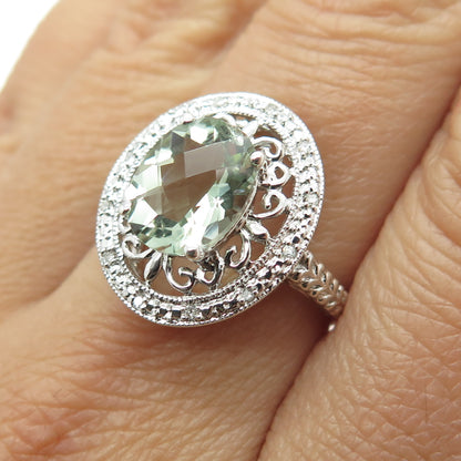 925 Sterling Silver Real Round-Cut Diamond & Green Amethyst Ring Size 7