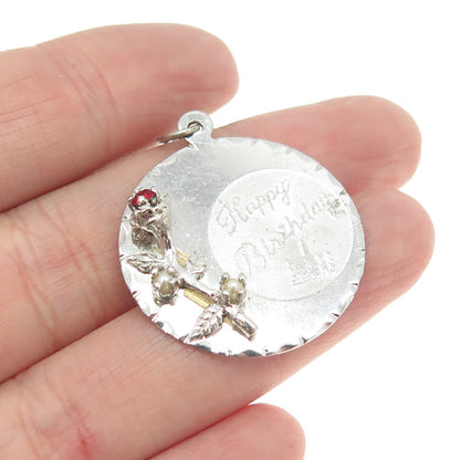 925 Sterling Silver Vintage Rhinestone Faux Pearl "Happy Birthday" Rose Pendant