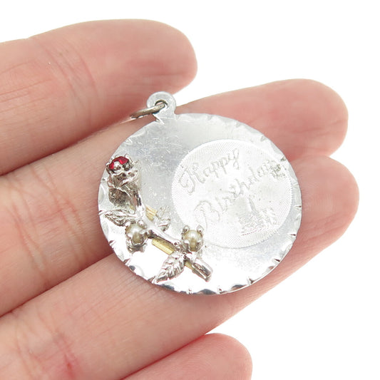 925 Sterling Silver Vintage Rhinestone Faux Pearl "Happy Birthday" Rose Pendant