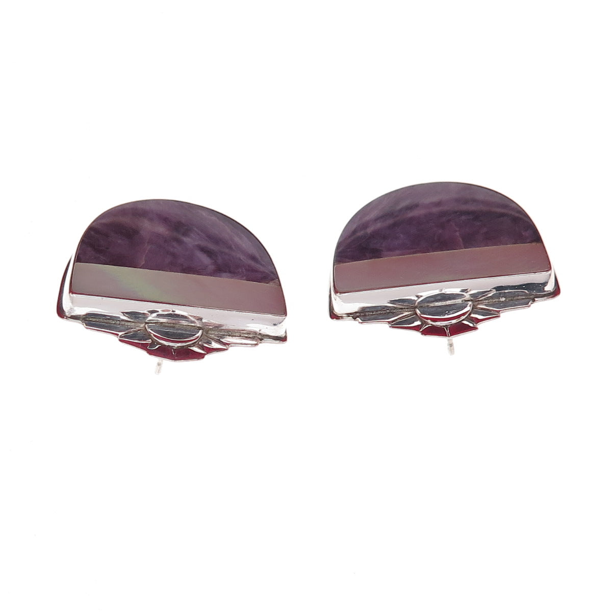 David Epstein 925 Sterling Silver Vintage Real Charoite & MOP Modernist Earrings