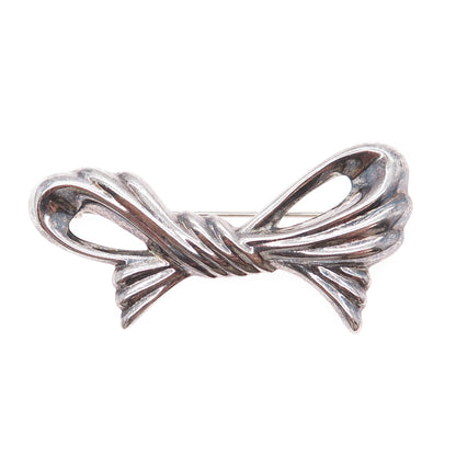 925 Sterling Silver Vintage Modernist Ribbon Bow Oxidized Pin Brooch