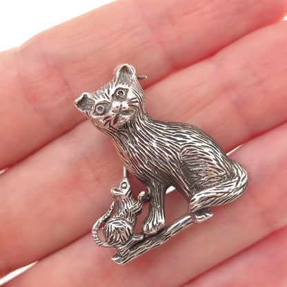 925 Sterling Silver Vintage Cat & Mouse Oxidized Pin Brooch