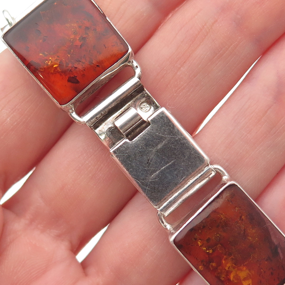 925 Sterling Silver Vintage Poland Real Amber Modernist Oxidized Bracelet 7.25"