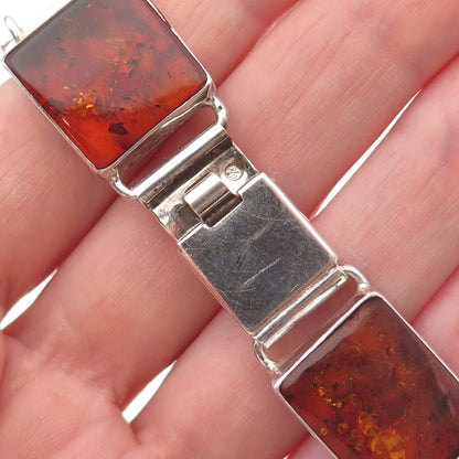 925 Sterling Silver Vintage Poland Real Amber Modernist Oxidized Bracelet 7.25"