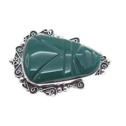 925 Sterling Silver Vintage Mexico Real Green Onyx Aztec God Pin Brooch Pendant