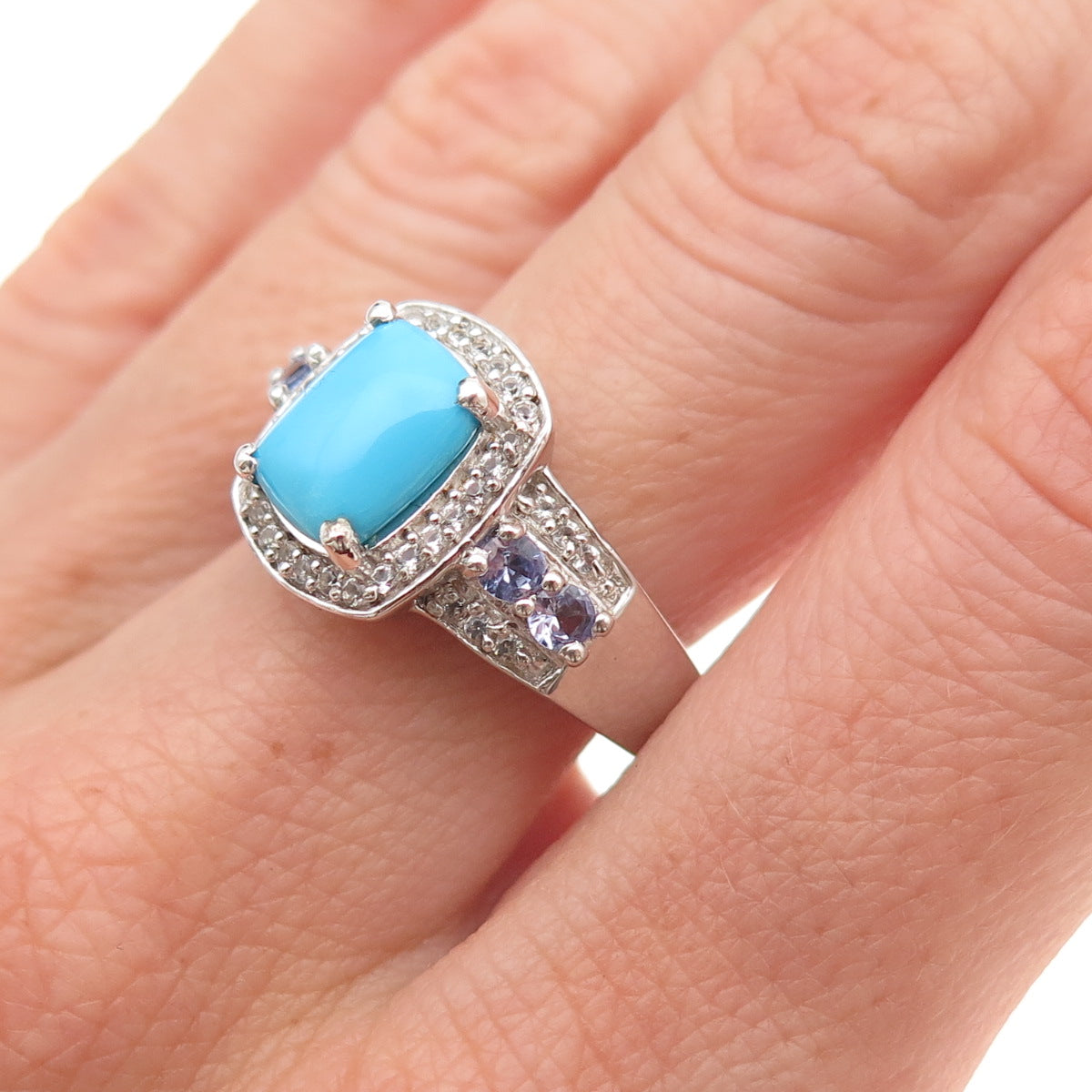 Chuck Clemency 925 Sterling Silver Real Turquoise Tanzanite & Topaz Ring Size 8