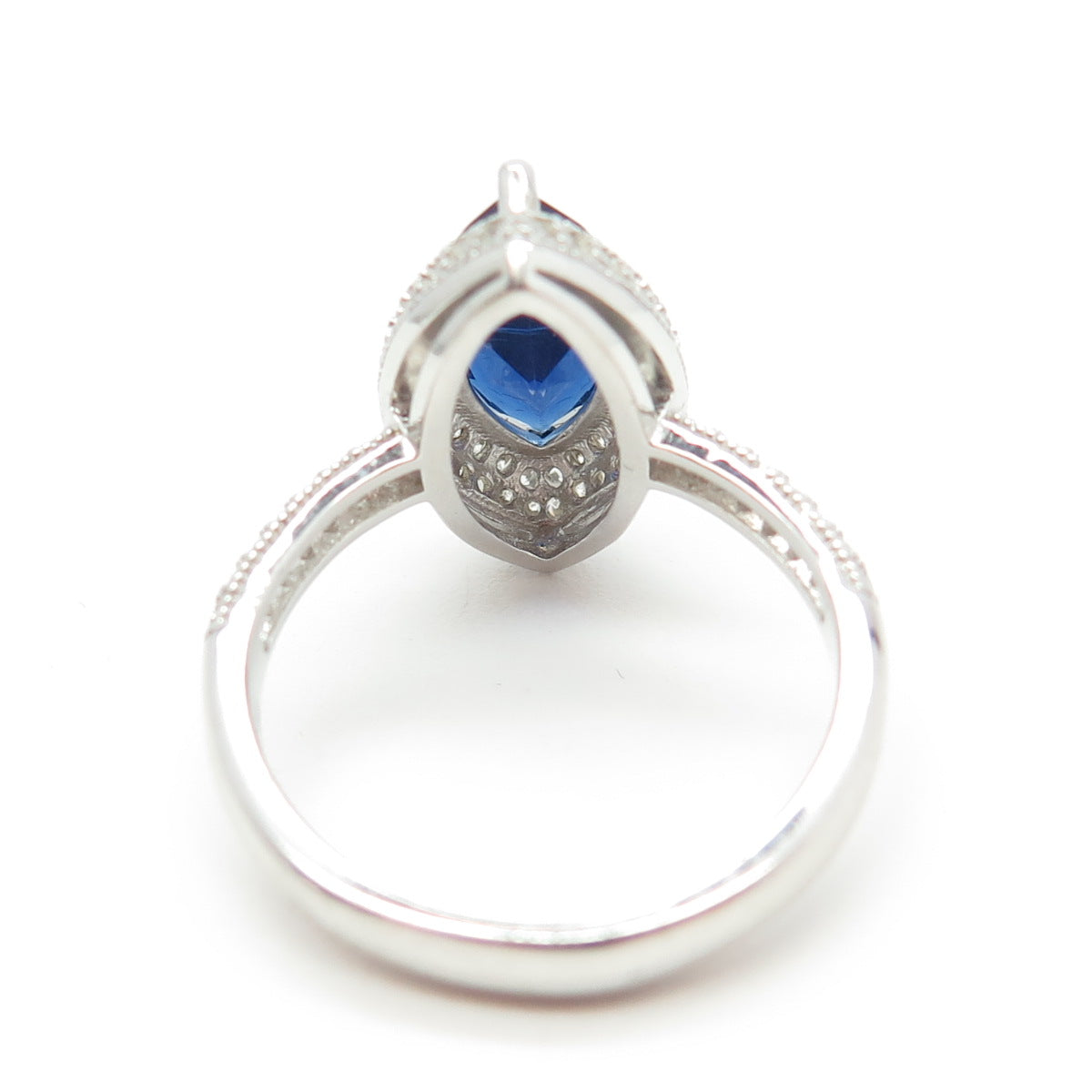 925 Sterling Silver White & Blue Marquise-Cut Shaped C Z Ring Size 8.25