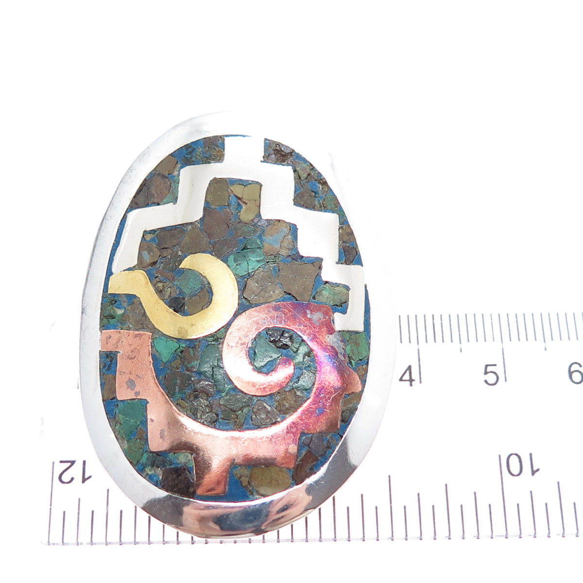 925 Sterling Silver 3-Tone Vintage Mexico Real Azurite Pin Brooch / Pendant