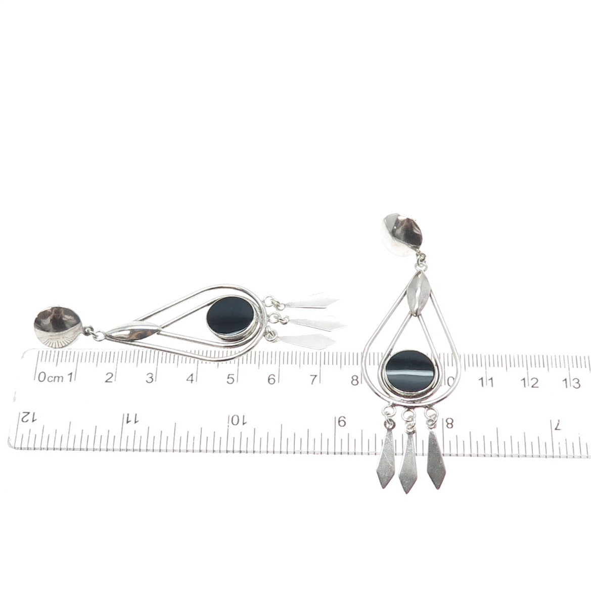 CHARLES WINSTON 925 Sterling Silver Vintage Black Onyx Modernist Dangle Earrings