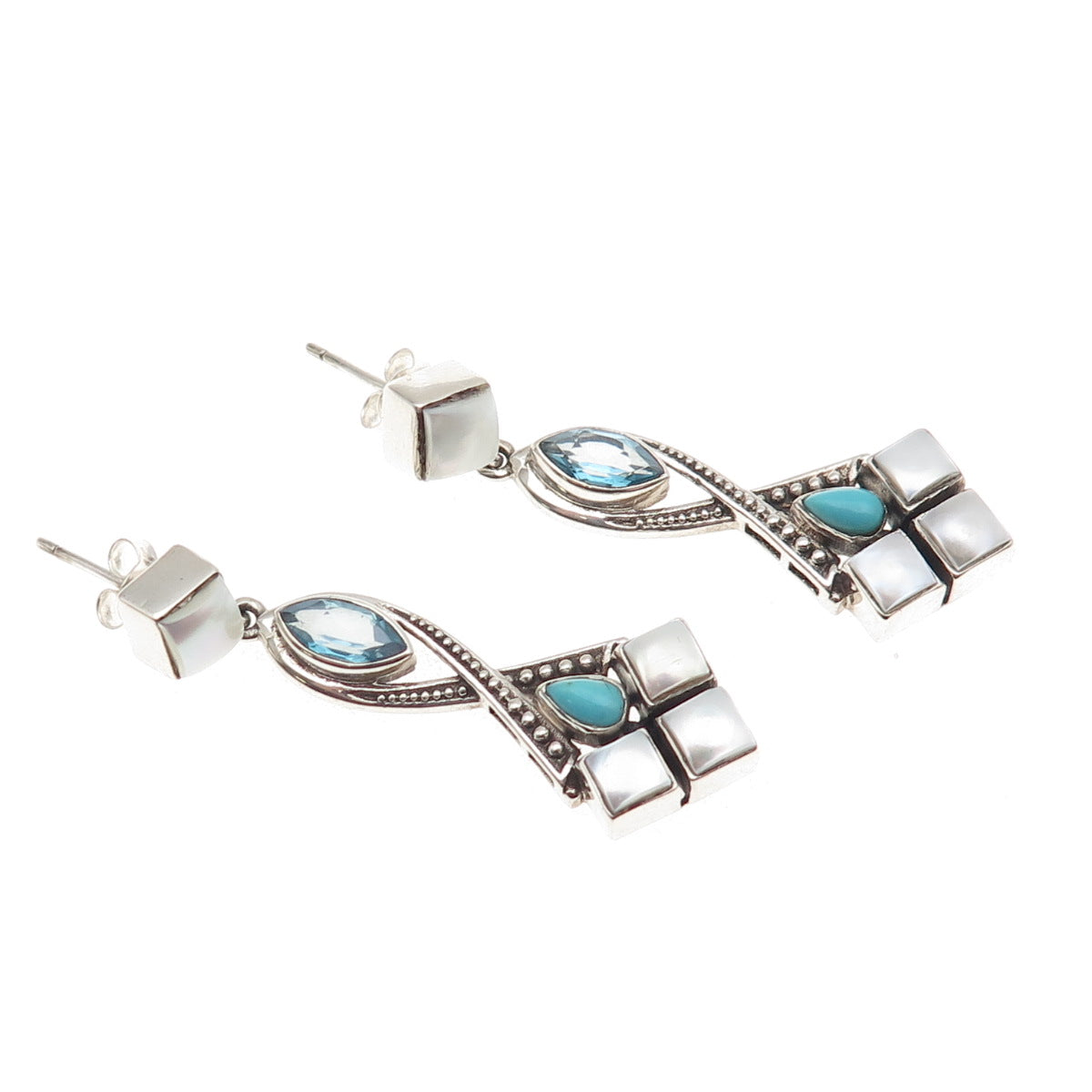 Nicky Butler 925 Sterling Silver Vintage Real Blue Topaz Turquoise MOP Earrings