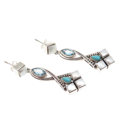 Nicky Butler 925 Sterling Silver Vintage Real Blue Topaz Turquoise MOP Earrings