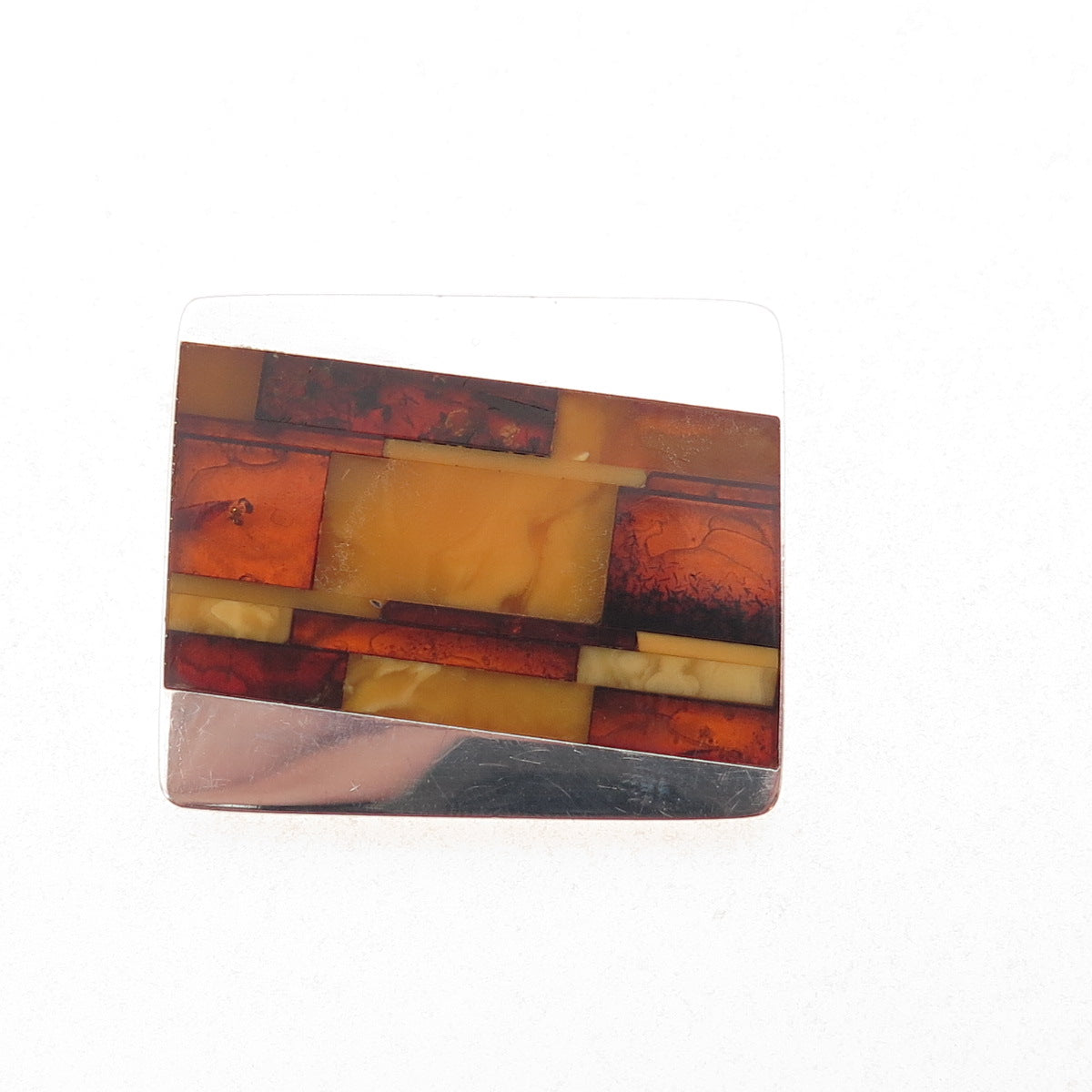 925 Sterling Silver Vintage Real Amber Modernist Pin Brooch