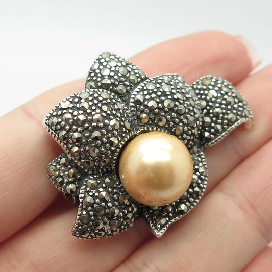 925 Sterling Silver Vintage Real Shell Pearl & Marcasite Gemstone Pin Brooch