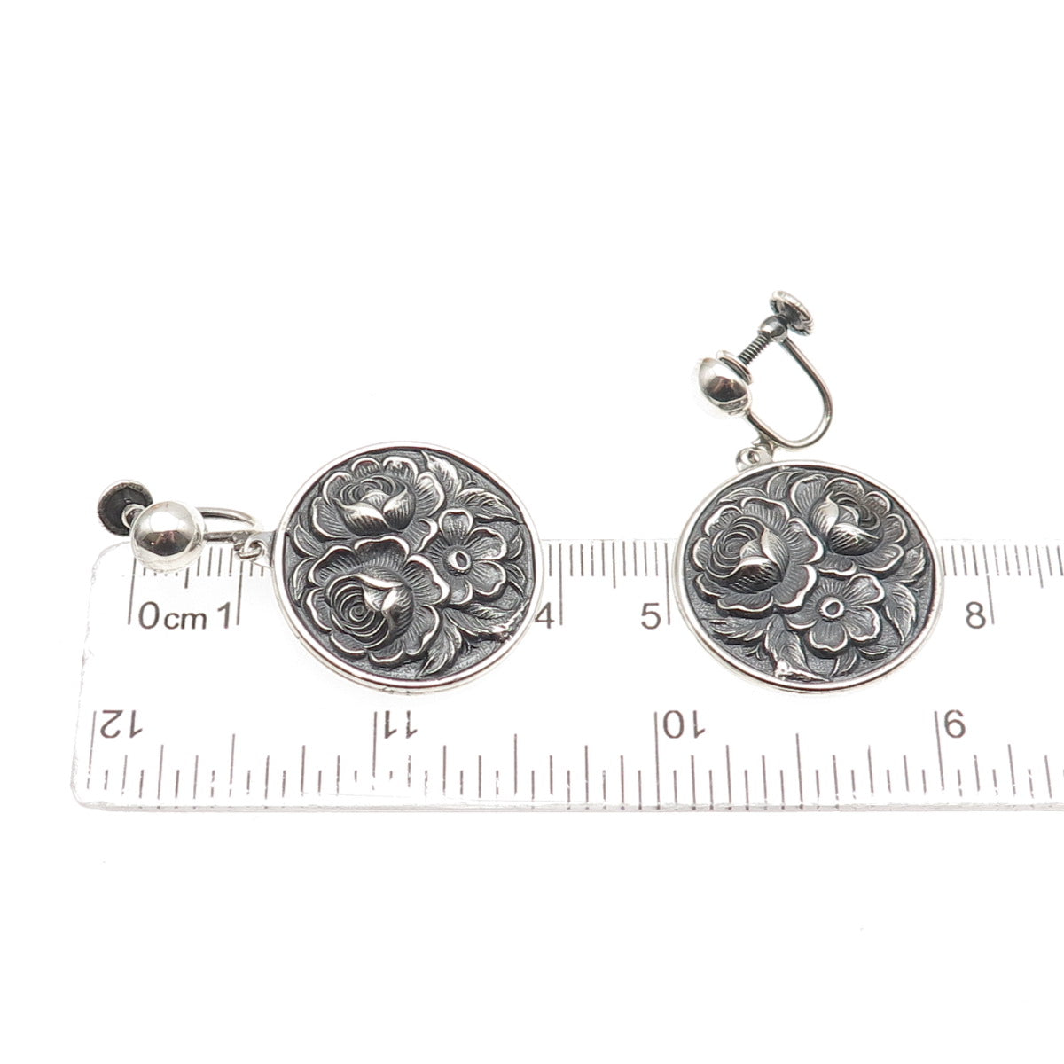 925 Sterling Antique Art Deco Floral Repousse Oxidized Screw Back Earrings
