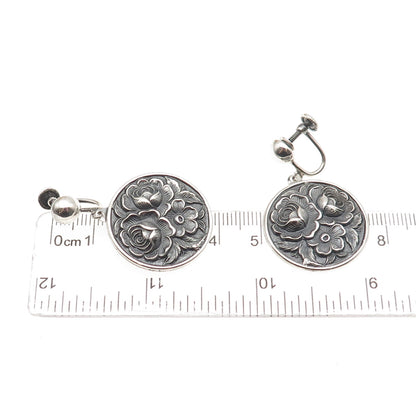 925 Sterling Antique Art Deco Floral Repousse Oxidized Screw Back Earrings