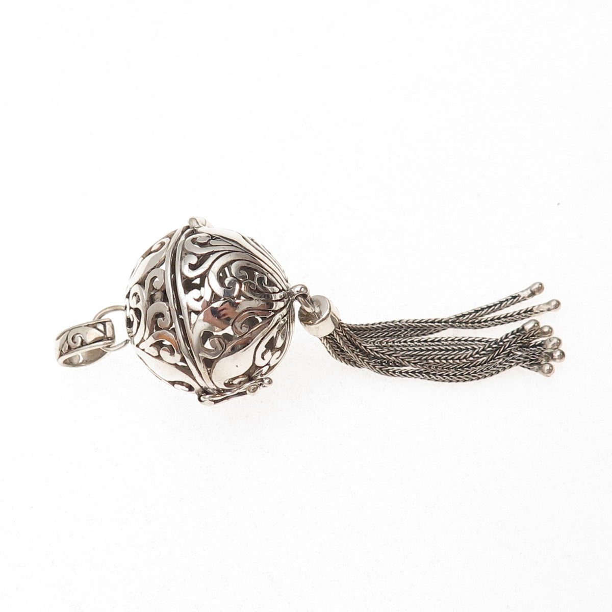 Annika Witt 925 Sterling Silver Vintage Floral Scroll Ball Cage Tassel Pendant