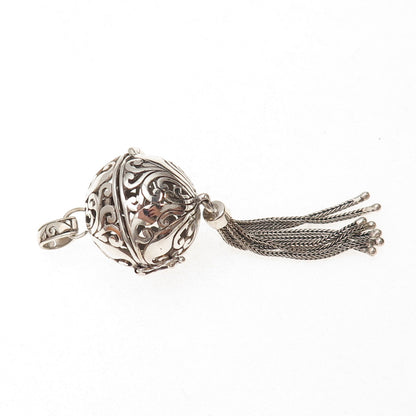 Annika Witt 925 Sterling Silver Vintage Floral Scroll Ball Cage Tassel Pendant