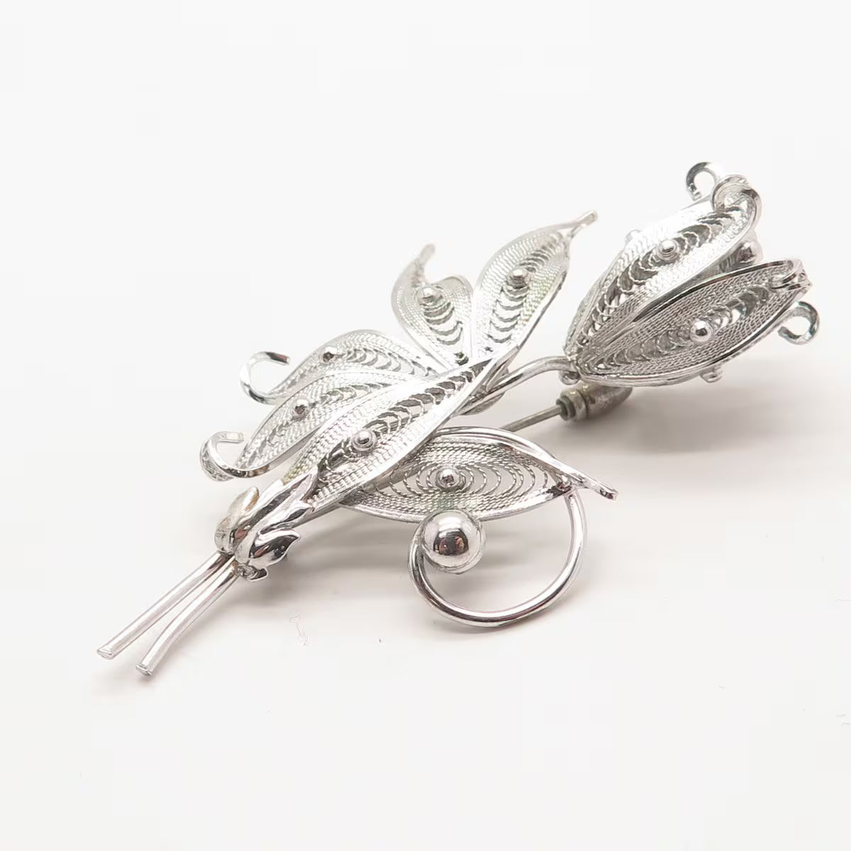 925 Sterling Silver CFG Vintage Filigree Tulip Floral Pin Brooch