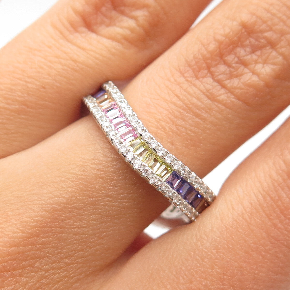 925 Sterling Silver Multi-Color C Z Wavy Ring Size 7.5