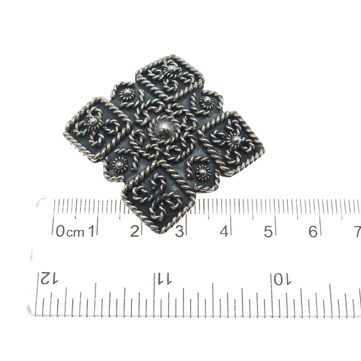 925 Sterling Silver Vintage Mexico Flower Cannetille Oxidized Pin Brooch Pendant