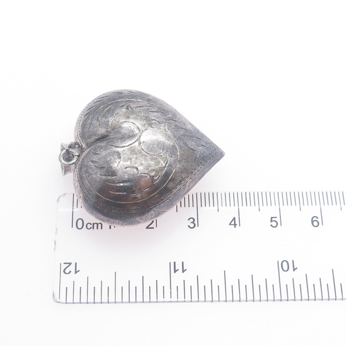925 Sterling Silver Vintage Engraved Puffy Heart Oxidized Charm Pendant