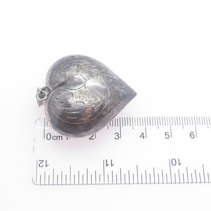 925 Sterling Silver Vintage Engraved Puffy Heart Oxidized Charm Pendant