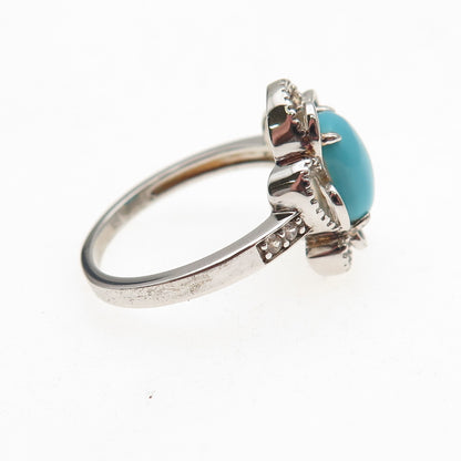925 Sterling Real Sleeping Beauty Turquoise & White Topaz Floral Ring Size 8