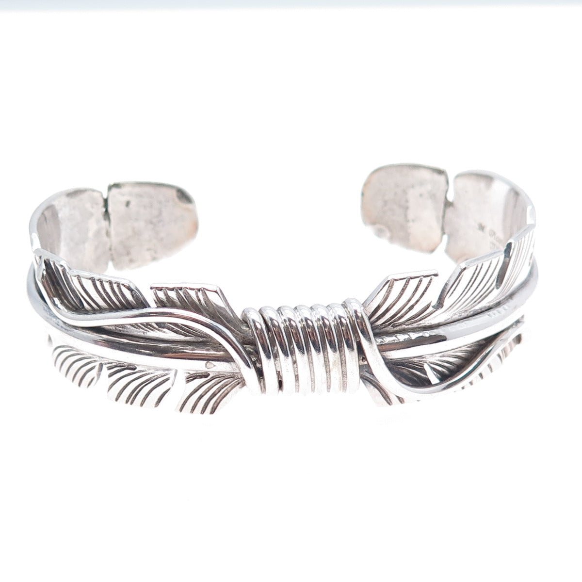Mike Thomas Jr Navajo Old Pawn Sterling Silver Feather Adjustable Bracelet 7.75"