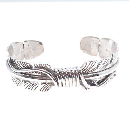Mike Thomas Jr Navajo Old Pawn Sterling Silver Feather Adjustable Bracelet 7.75"